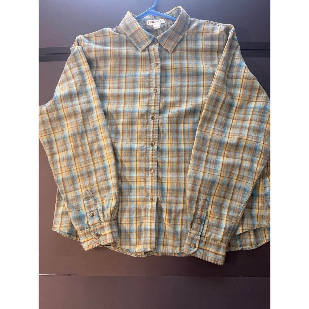 Pendleton Women’s XL Blue/green Tan Plaid Cotton Button Front Shirt